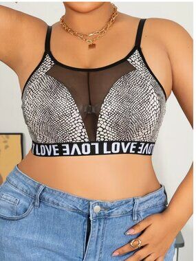 Plus Sexy Wireless LOVE Bra B/W Snakeskin Mesh Adjustable Straps Stretch 4X
